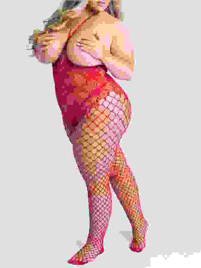 Lovehoney Plus Size Treasure Chest Fishnet Crotchless Bodystocking, Red, hi-res